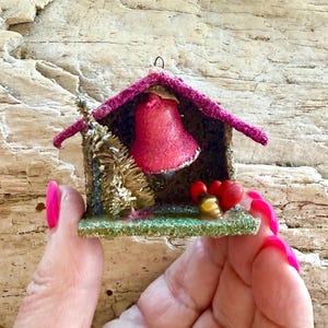 Vintage 1940 1950 Mica Putz House Christmas Ornament Diorama Bottlebrush Tree Red Bell Glitter House Western Germany Retro Decor