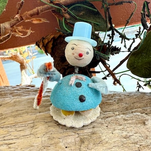 Vintage Blue Bobble Snowman Candy Cane Christmas 1950 1960 Shiny Brite Spun Cotton Snowman Pipe Cleaner Retro Kitsch Decor