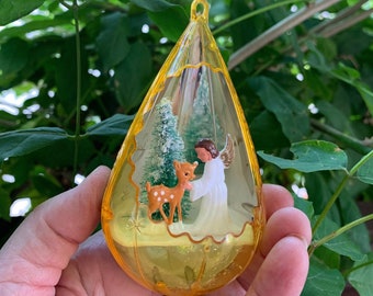 Vintage JewelBrite Angel Christmas Ornament Angel Deer Fawn Bottlebrush Tree Reflector Teardrop Ornament 1960 1970 MCM Easter Decor