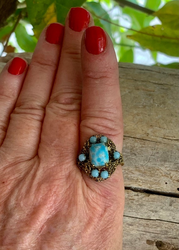ジャネット デルファイトブルー メジャリング 4cup set 1930's Vintage Robin's Egg Blue Czech Glass Ring MCM 1930 1940 Blue Brass