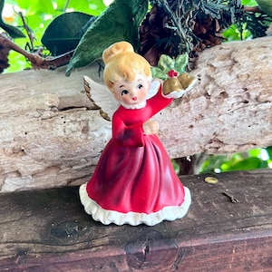 Vintage NAPCO Angel Christmas Figurine 1950 MCM Retro Kitsch Ceramic Christmas Angel Girl Figurine Victorian Angel Gold Bells Japan