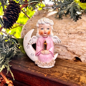 Vintage Pink Angel Figurine 1950 MCM Ceramic Angel Crescent Moon Japan Porcelain Spaghetti Trim Retro Kitsch Christmas Easter Decor