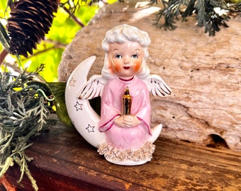 Vintage Pink Angel Figurine 1950 MCM Ceramic Angel Crescent