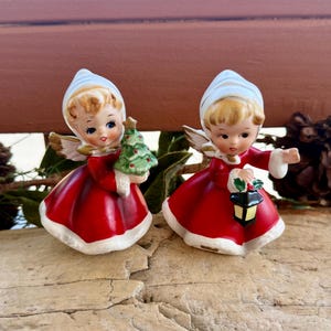 Vintage NAPCO Angel Christmas Figurine 1950 MCM Angel Figurine Ceramic Christmas Angel Tree Lantern Napcoware Japan Retro Kitsch Decor Set 2