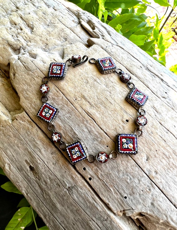 Micro Mosaic Floral Bracelet Vintage Floral Brace… - image 1