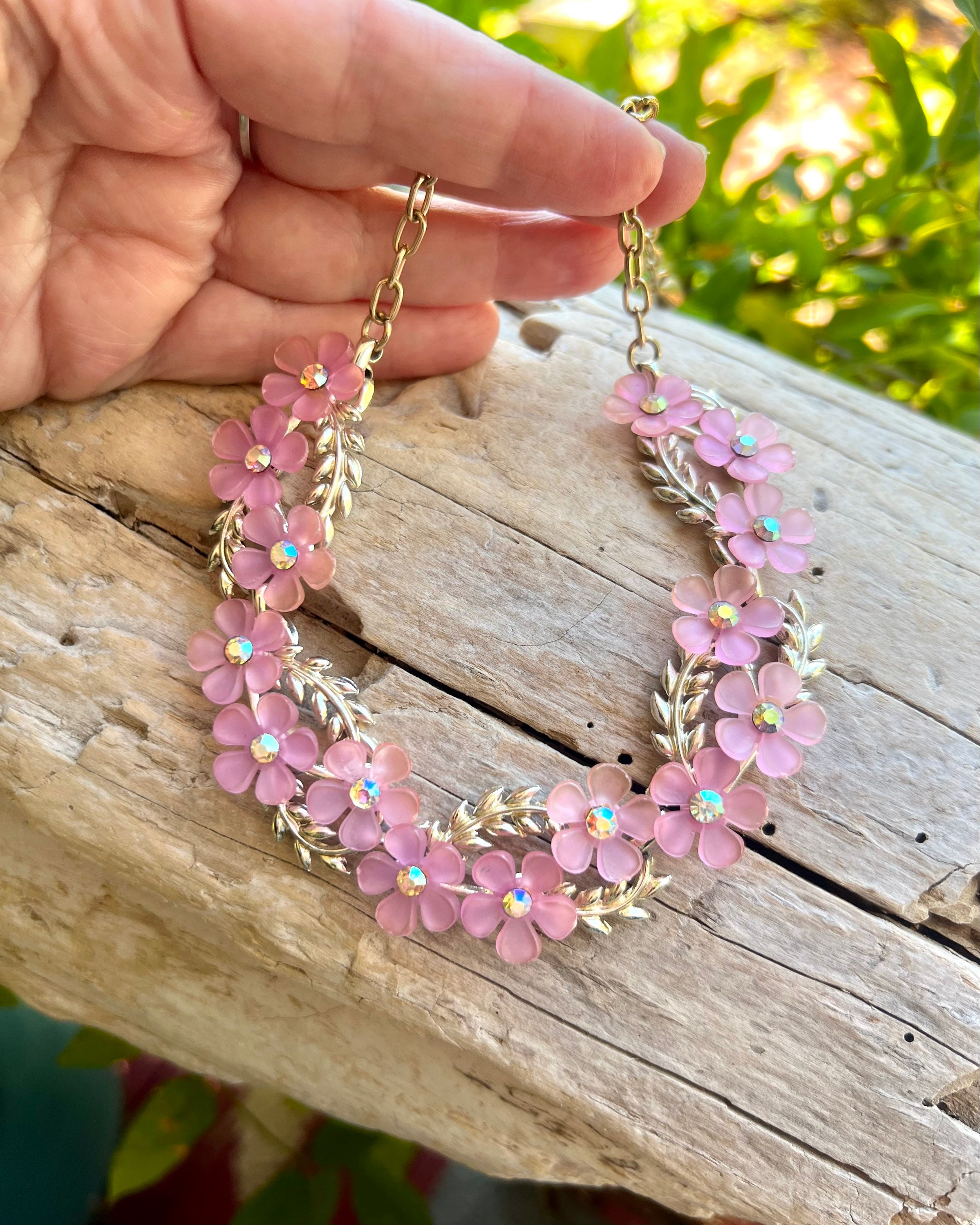 Vintage Lavender Floral Necklace Choker Lucite 1950 1960 MCM
