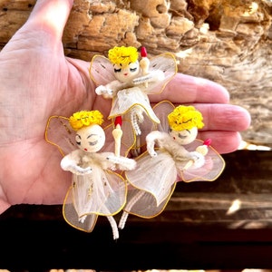 Vintage Spun Cotton Angel Christmas Ornament MCM 1950 1960 Tulle Angel White Angel Package Tie On Retro Kitsch Holiday Decor Set 3 Easter