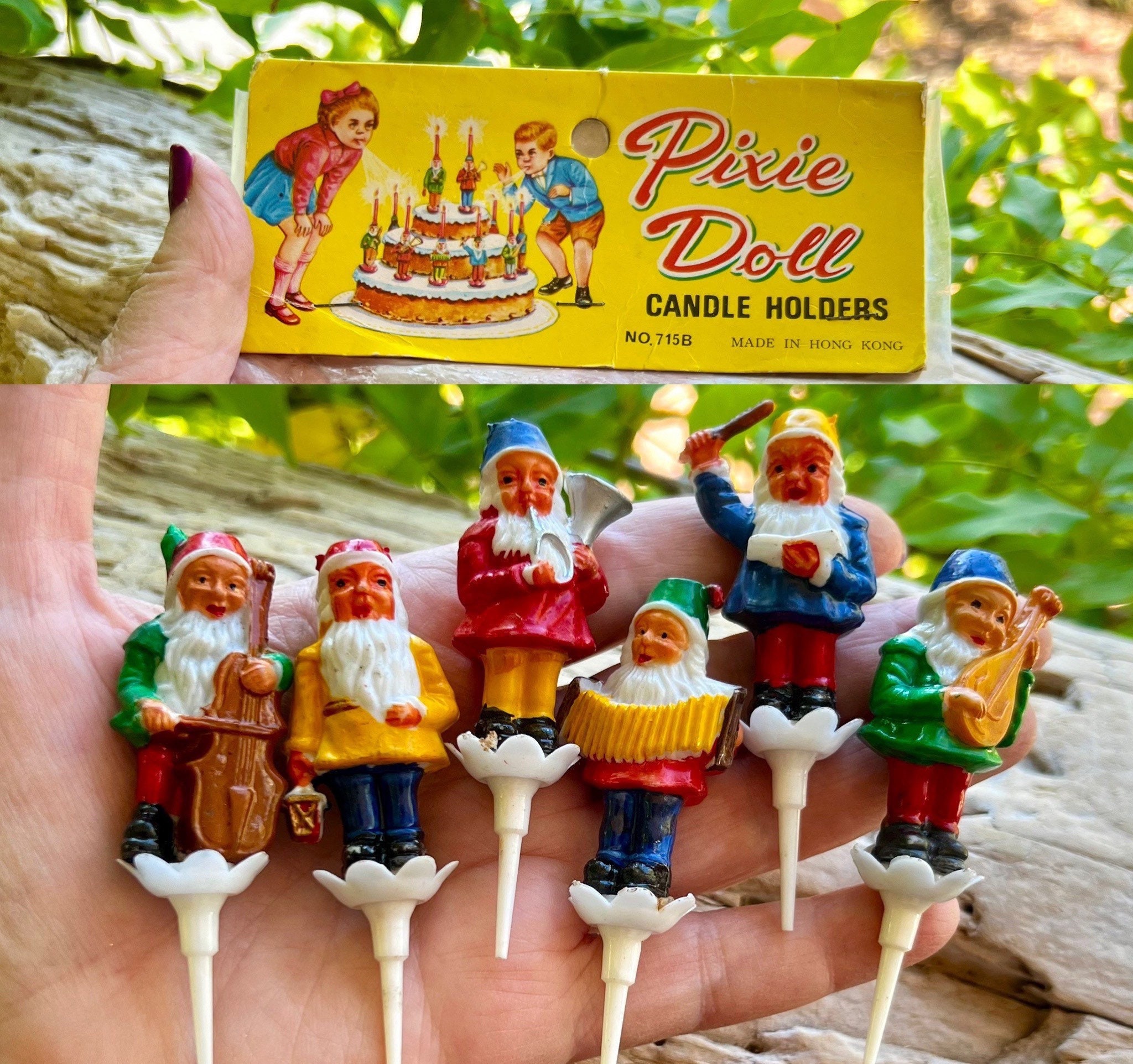 vintage elfe lutin nain cupcake gâteau 1950 1960 poupée ornement de noël celluloïd plastique mcm ensemble 6 niop hong kong menthe