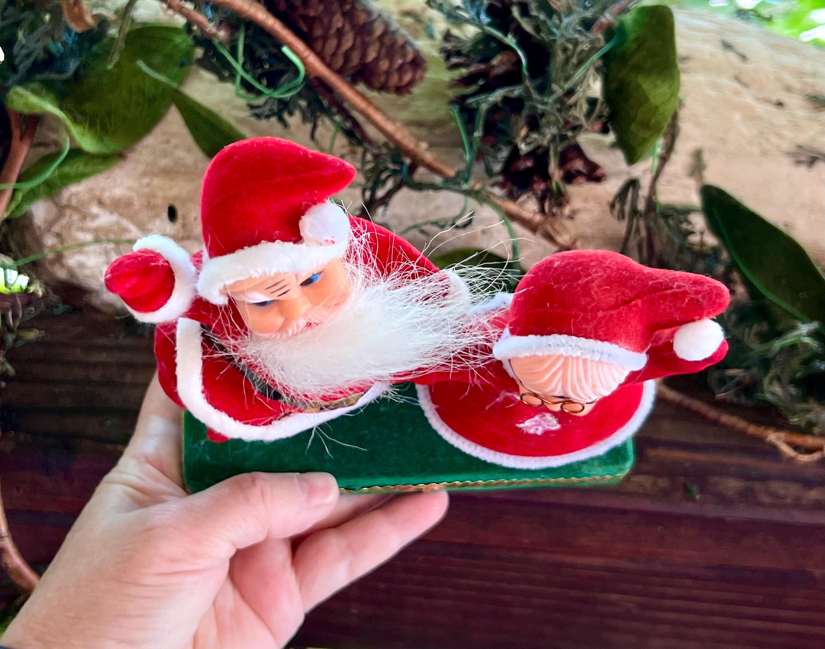 Vintage Christmas Dancing Santa Flocked Claus & Mrs Claus Ornament