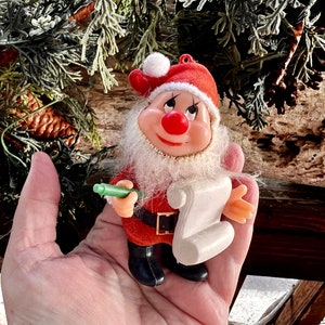 Vintage Flocked Santa Christmas Ornament Blow Mold Santa Making a List Ornament Retro Kitsch Santa 1970 1980 Plastic Ornament