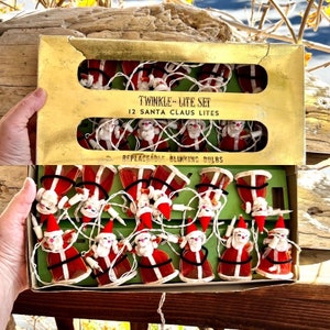Vintage Christmas Lights Spun Cotton Santa String Lights 1960 1970 Flocked Red Tulle Santa Twinkle Lite Retro Kitsch Decor Set 12 IOB