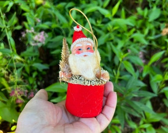 Vintage Filz Weihnachtsmann Ornament 1950 1960 Kunststoff Blasform Weihnachtsmann Flascheputzer Baum Ornament MCM Retro Kitsch Weihnachtsmann Chimney Dekor