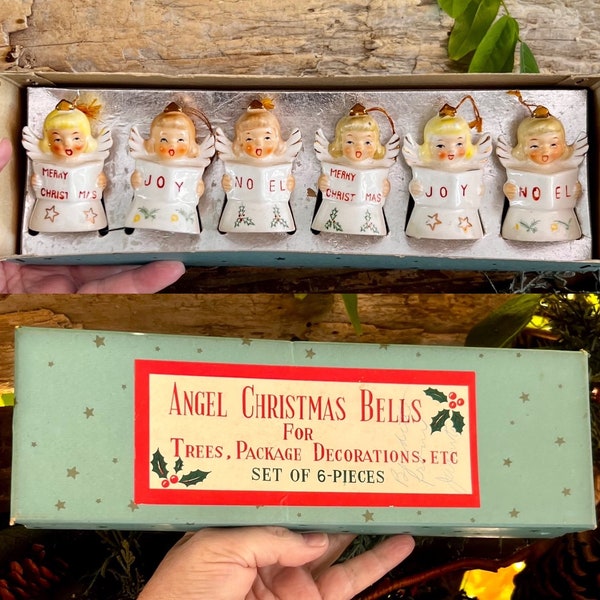 Vintage NOEL Angel Christmas Bell Ornament Retro Feliz Navidad Angel 1940 1950 MCM Cerámica Joy Angel Bell Ornament Set 6 IOB