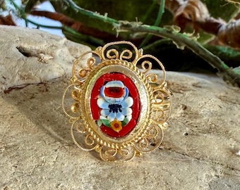 Anello vintage con micro mosaico di rose, anello floreale con rose rosse, stile Mid-Century Modern, anni '40-'50, Napa Bride, regalo di nozze/Natale per lei.