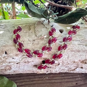 Vintage LISNER Red Necklace Choker Bracelet MCM 1950 1960 Lucite Leaf AB Rhinestone Demi Parure Retro Bride Bridal Christmas Wedding Set 2
