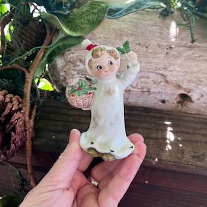 Vintage LEFTON Angel Christmas Figurine Ornament MCM 1950 1960 Ceramic Angel Holly Berry Basket  Japan Retro Kitsch Winter Holiday Decor