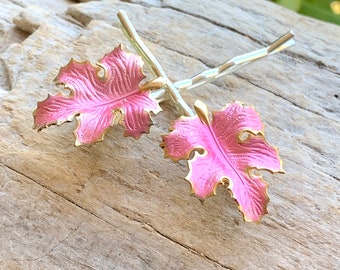 Vintage Pink Bridal Leaf Hairpins 1940 1950 Pink Enamel Leaves Bobby Pins MCM Enameled Oak Leaf Hairpins Barbie Valentine’s Day Gift Her