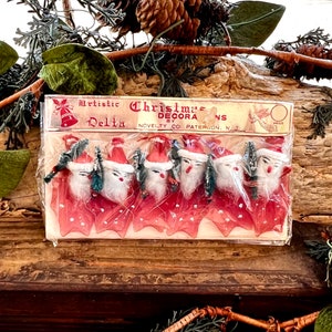 Vintage 1950 1960 Santa Christmas Ornament Mid Century Tulle Santa Pipe Cleaner Santa Japan MCM Retro Kitsch Decor Set 6 NIOP