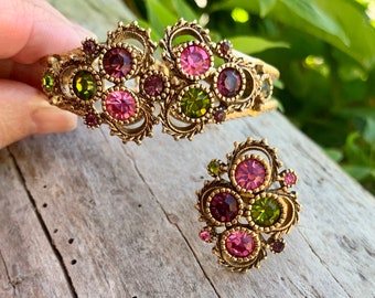 Vintage Purple Pink Green Rhinestone Demi Parure Clamper Bracelet Rhinestone Ring 1970 Sarah Coventry Retro Bride MCM Bridal Jewelry Set 2