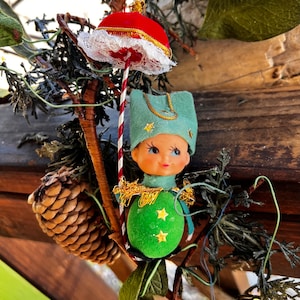 Vintage NAPCO Pixie Christmas Ornament MCM 1960 1970 Plastic Pixie Candy Cane Umbrella Band Pixie Retro Kitsch Decor