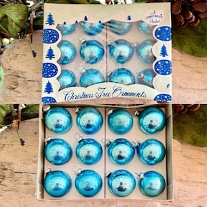 Vintage Shiny Brite Blue Glass Christmas Ornament MCM 1950 1960 1 1/2” Mercury Glass Blue Ball Bulb Retro Easter Decor Set 12 IOB