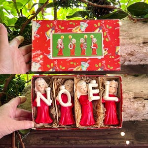 Vintage NOEL Chor Engel Weihnachten Kerzenhalter 1950 MCM 4 1/2 ”Relco Retro Chor Roter Engel Weihnachten Dekor Dekoration Dekorationsset 4 IOB
