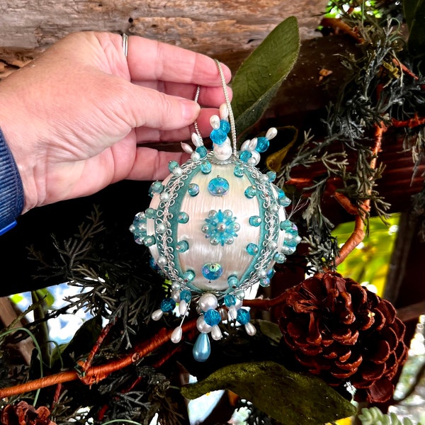 Vintage Turquoise Blue Beaded Christmas Ornament 1960 1970 Handmade Satin Pearl Ornament MCM Sequin Push Pin Ornament Retro Kitsch Decor