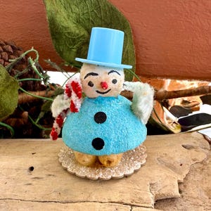 Vintage Blue Spun Cotton  Snowman Christmas Ornament MCM 1950 1960 Blue Snowman Candy Cane Pipe Cleaner Retro Kitsch Decor