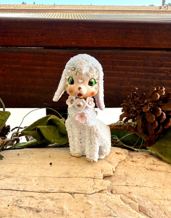 Vintage Anthropomorphic Lamb 1950 MCM Ceramic Pink Floral