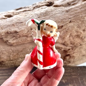 Vintage 1950 Candy Cane Angel Girl Christmas Bell Ornament MCM Ceramic Candy Cane Holly Berry Bell WALES Japan Retro Kitsch Decor