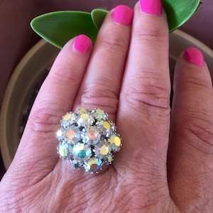 Vintage 1950 1960 Rhinestone Cluster Ring AB  Rhinestone Cocktail Ring Sarah Coventry Retro Bride Bridal Bridesmaid Accessory