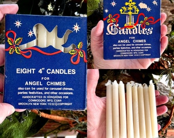 8 Vintage Commodore White Christmas Candles MCM 1950 1960 4” Chime Candles NOEL Candle Holder Holt Howard Angel Set 8 NIOB