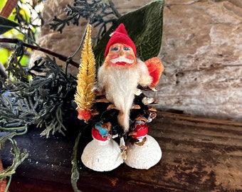 Vintage Santa Gnome Christmas Ornament 1950 1960 Santa Spun Cotton Ornament Retro Kitsch Pinecone Santa MCM Pipe Cleaner Santa Decor