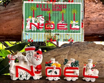 Vintage NOEL Christmas Candle Holder Commodore 1950 MCM Santa Christmas Train Candleholders Retro Kitsch Noel Santa Reindeer Decor Set 4 IOB