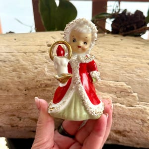 Vintage LEFTON Angel Bell Christmas Ornament 1950 MCM Ceramic Spaghetti Trim Victorian Angel Girl Candle Japan Retro Kitsch Holiday Decor