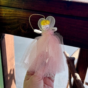Vintage Pink Angel Christmas Ornament 1950 1960 Spun Cotton Angel Pink Mesh Tulle Angel Handmade Retro Kitsch Valentine Easter Decor