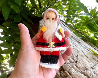 Vintage Santa Christmas Ornament 1940 1950 Felt Felted Chenille Pipe Cleaner Santa MCM Paper Mache Santa Face Composite Gold Metallic Gift