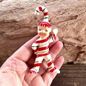 Vintage LEFTON Christmas Candy Cane Ornament 1950 Pixie MCM Ceramic Candy Cane Elf Pixie Candy Cane Pixie Elf Japan Retro Kitsch Decor