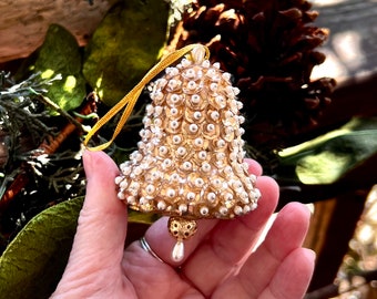 Vintage Gold Sequin Christmas Bell Ornament 1970 1980 Push Pin Sequined Bead Pearl Beaded Bell Retro Kitsch Valentine’s Day Easter Decor