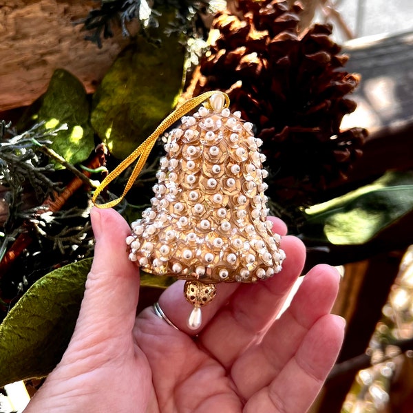 Vintage Gold Sequin Christmas Bell Ornament 1970 1980 Push Pin Sequined Bead Pearl Beaded Bell Retro Kitsch Valentine’s Day Easter Decor
