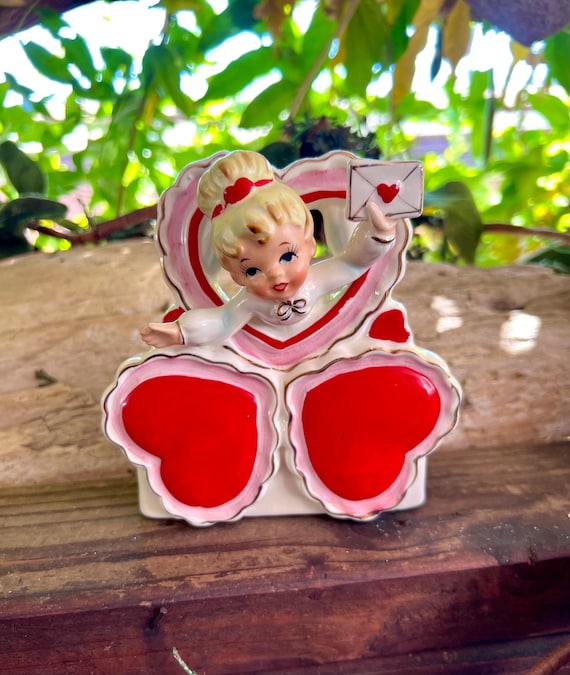 Vintage RELPO Girl Love Letter Heart Valentine Planter 1950 Mid