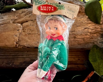 Vintage Elf Pixie 8” Knee Hugger Christmas Ornament MCM 1960 1970 Retro Kitsch Plastic Shiny Brite Green Blow Mold Rubber Elf Japan NIOP