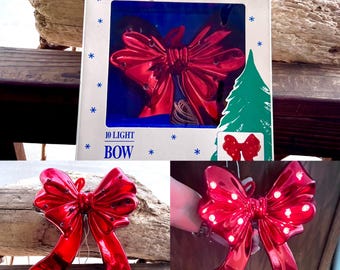 Vintage 1960 1970 NOMA Bow Christmas Tree Topper Retro  10” Red Bow Christmas Tree Top Lighted Plastic Wreath Door Decoration IOB