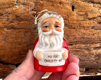 Vintage MCM Santa Bell Christmas Ornament Retro Santa “Merry Christmas” Ornament 1940 1950 Japan Retro Ceramic Ardalt Santa Bell Kitsch