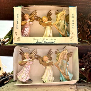 Vintage Angel Christmas Ornaments Retro MCM 1960 British Hong Kong Pink Blue Green Plastic Musical Angel Ornament 3 1/4” Set 3