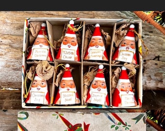 Vintage Ardalt Santa Bell Christmas Ornament 1940 1950 Retro Santa Merry Christmas Around the World  MCM Ceramic Santa Japan 2” Set 8 IOB