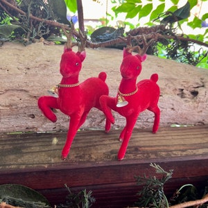 Vintage Red Deer Reindeer Christmas Ornament 1950 1960 LEE WARDS 6 1/2” Red Flocked Reindeer Bell Retro Kitsch Valentine Decor Set 2