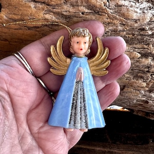 Vintage Christmas West Germany Angel Ornament MCM 1940 1950 Blue Praying Angel Plastic Feather Tree Angel Spring Easter Decor