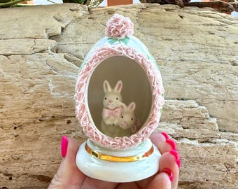 Vintage Irish Dresden Egg Easter Bunny Porcelain Egg Figurine Pink