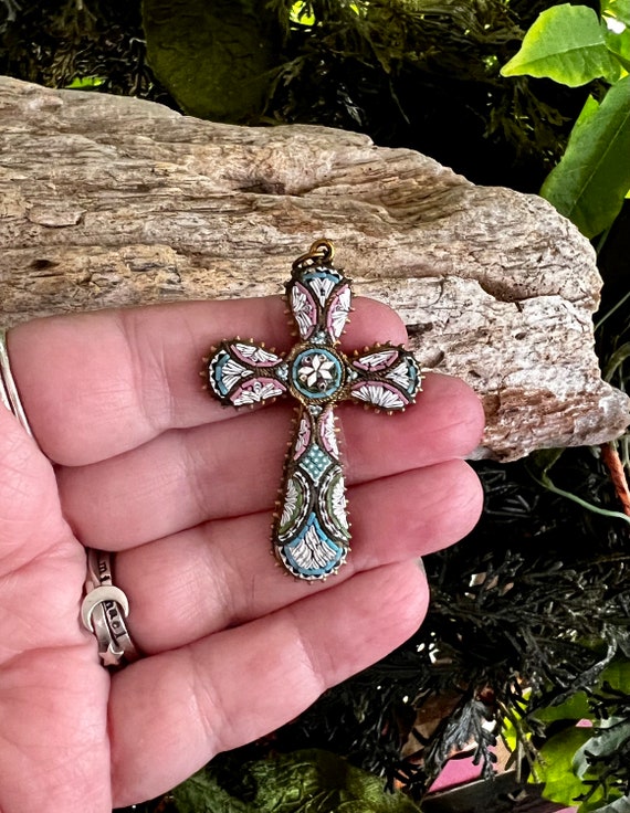 Victorian Heart Cross Pendant Micro Mosaic Circa 1